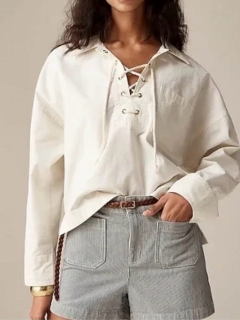 J. Crew Cream Lace-Up Collar Pullover Top